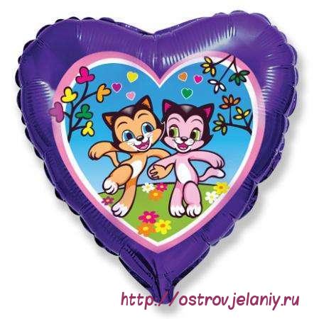 Воздушный шар (18&#039;&#039;/46 см) Сердце, Счастливые котята, Фиолетовый